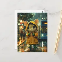 An Adorable Mouse in a Yellow Rainsuit in the rain Postcard