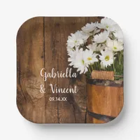 Wooden Bucket White Daisies Country Barn Wedding Paper Plates