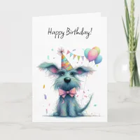 Scruffy Dog in a Party Hat with Balloons Birthday Card