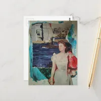 A Woman Along the River Mixed Media Collage Postcard
