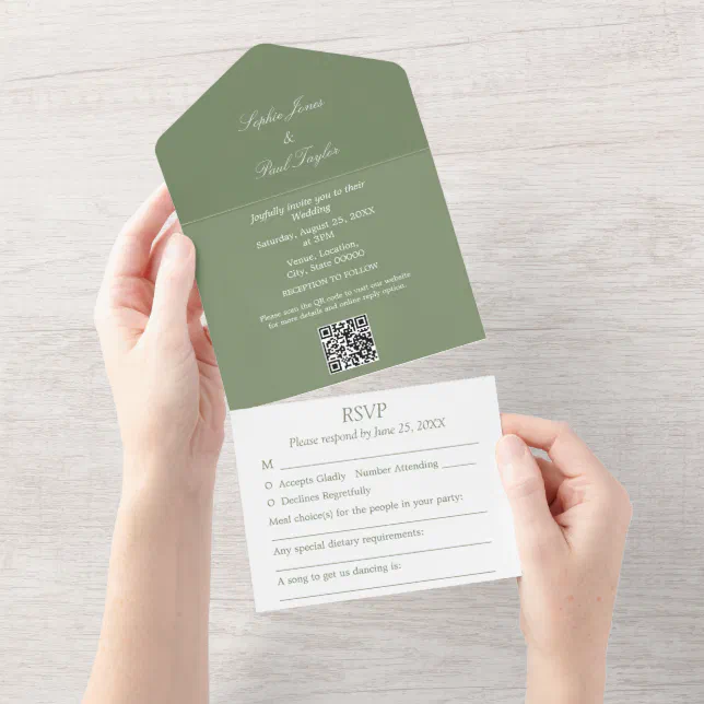 Elegant Sage Green All in One Wedding Invite