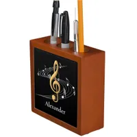 Black Gold Music Notes Treble Clef Custom Name Desk Organizer