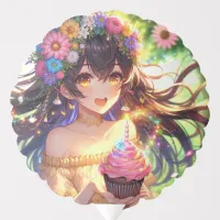 Pretty Anime Girl with Birthday Cupcake Balloon