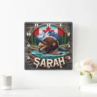 Canadian Beaver by Water With Mountains and Trees Square Wall Clock