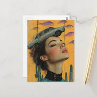 Vintage Woman in Desert with fish and car Surreal Postcard