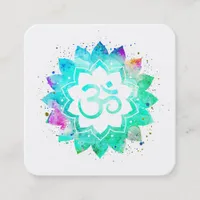 *~* Blue Green Lotus Flower Mandala Om Aum Symbol Square Business Card