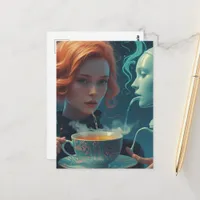 Surreal Tea Woman and Robot Postcard