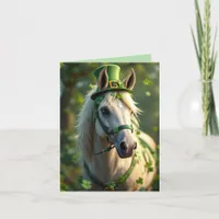 Cute horse with green hat, bridle and shamrocks holiday card