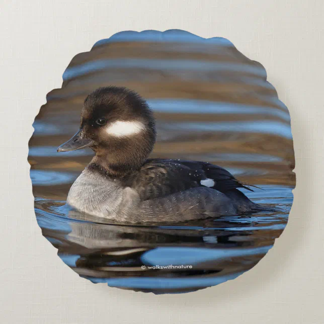 Cute Bufflehead Duck on Sunlit Waters Round Pillow