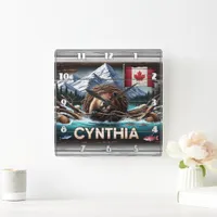 Canadian Beaver in Front of Mountains and Flag Square Wall Clock