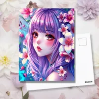 Beautiful Anime Girl with Purple Hair Postcard