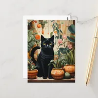 A Beautiful Black Cat Poses as a Houseplant Postcard