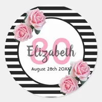 80th birthday pink roses black white stripes classic round sticker