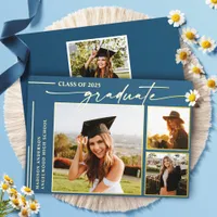 Modern Blue Script Graduate Photo Graduation Foil Invitation