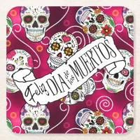 Sugar Skulls and Swirls Rose Red ID725 Square Paper Coaster