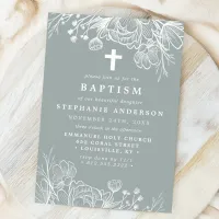 Dusty Sage and White Floral Baptism Invitation