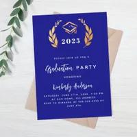 Naby blue gold laurel wreath 2025 Graduation Party Invitation