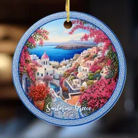 Santorini Greece Bougainvillea Painting Travel Art Ceramic Ornament