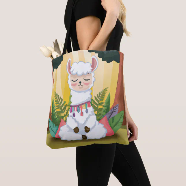 Cute Llama Meditating in Magical Forest Tote Bag