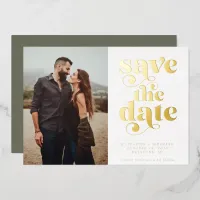 Modern Sage Green Gold Foil Photo Save the Date Foil Invitation