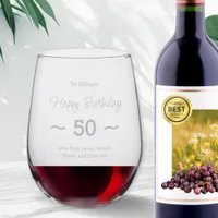 Happy Birthday 50th Stylish Typography Elegant 50 Stemless Wine Glass