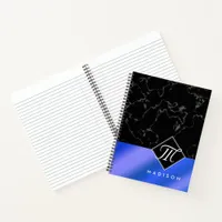 Elegant Black Marble & Royal Blue Foil Monogram Notebook