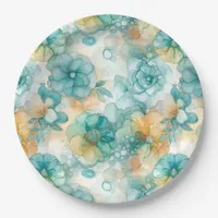Teal and Yellow Flowers Alcohol Ink Illustration  Paper Plates