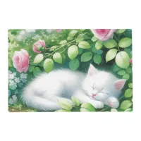 Sweet White Kitten Napping under a Rose Bush Placemat