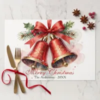 Vintage Watercolor Red Bells Christmas Placemat