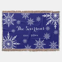 White Winter Snowflakes on Blue Throw Blanket