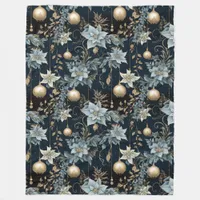 Blue and Gold Christmas Ornaments Poinsettias Fleece Blanket