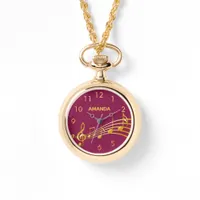 Faux gold music notes violet red name numbers watch
