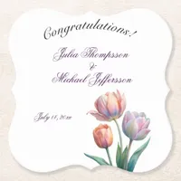 Romantic and Poetic Pastel Tulips Watercolor Paper Coaster