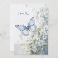 Pretty White Flowers and Blue Butterfly Hello Flat Card