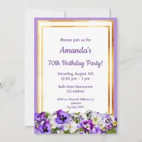 70th birthday party violet pansies flowers gold invitation