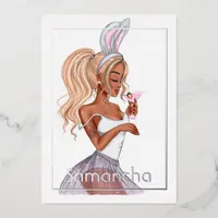 Whimsical Bunny Easter Birthday Cocktail Girl Foil Foil Invitation