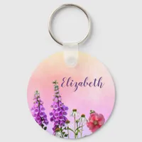 Purple florals peach pink name monogram keychain