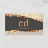 Rose gold black agate marble monogram initials business card