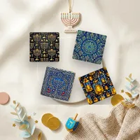 Golden Blue Ornamental Hanukkah Menorah Coaster Set