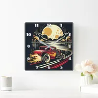 Vintage hot rod speeding by the moonlit river square wall clock