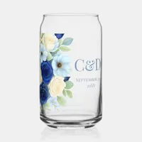 Navy Royal Bue Wedding Watercolor Ivory Flowers Can Glass