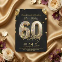 Glamorous Sparkly Black and Gold 60th Birthday Invitation