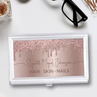 Beauty Salon Rose Gold Brushed Metal Glitter Drips Business Card Case