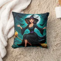 Witch flying over a moonlit graveyard with bats throw pillow