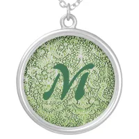 Monogram Brussels Lace Green Pattern Vintage Retro Silver Plated Necklace