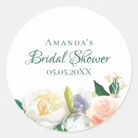 Bridal Shower florals blush pink name Classic Round Sticker