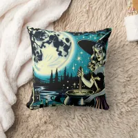 Vintage Witch stirring a Cauldron Halloween  Throw Pillow