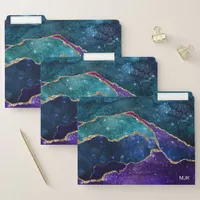 Blue Purple Aqua Gold Veins Agate Monogram File Folder