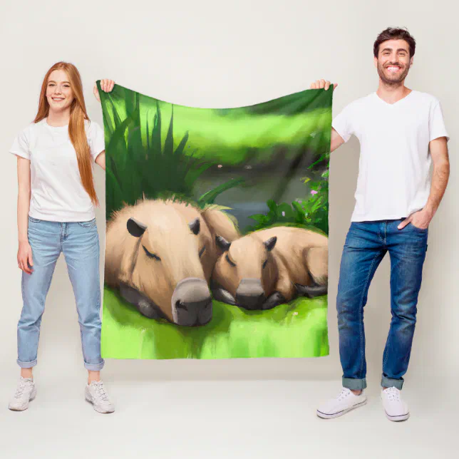 Cute Funny Napping Capybaras by the Pond Fleece Blanket