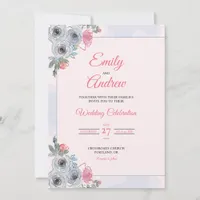 Dusty Blue Rose Elegant Floral Watercolor Wedding Invitation